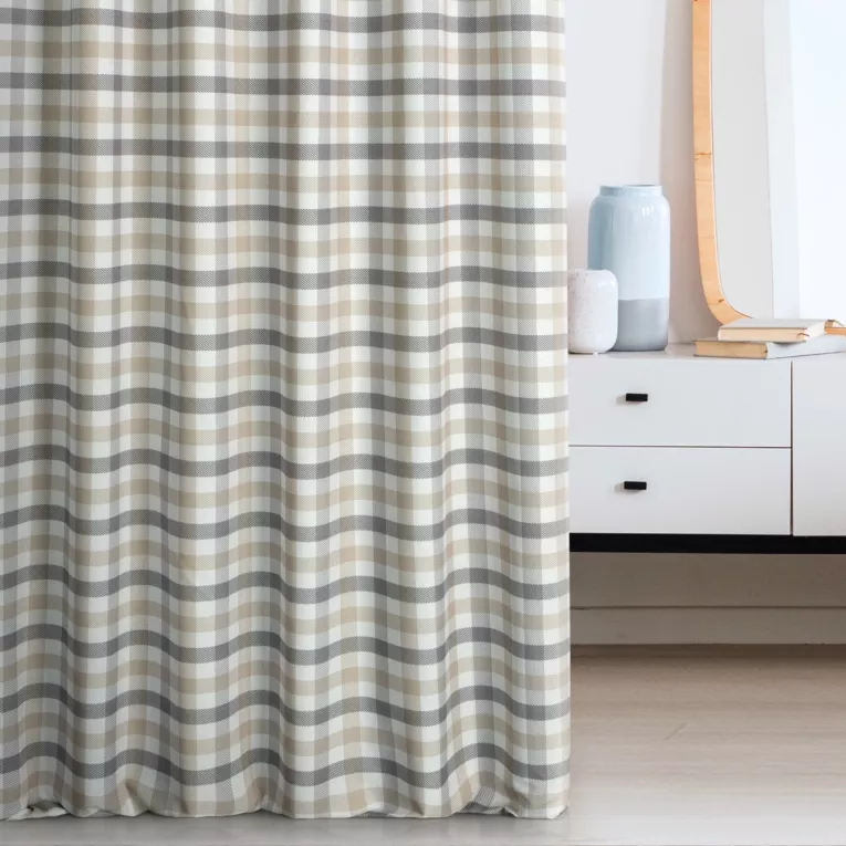 Zasłona szyta na taśmie fala beżowo grafitowa z tkaniny o naturalnym splocie z nadrukowanym wzorem w kratę