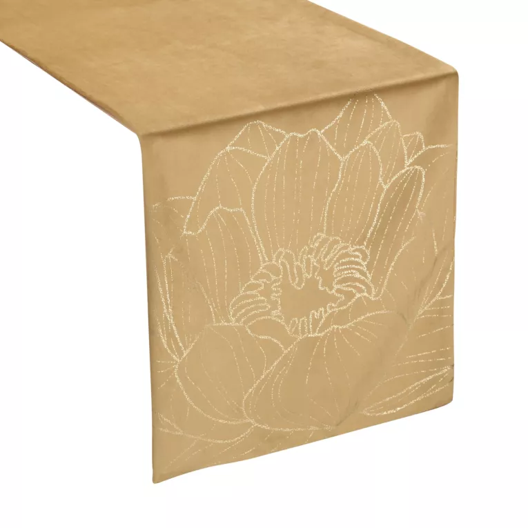 Bieżnik na stół miodowo, złocisty 35x220 cm welwetowy BLINK 13 z dużym wzorem lilii wodnej