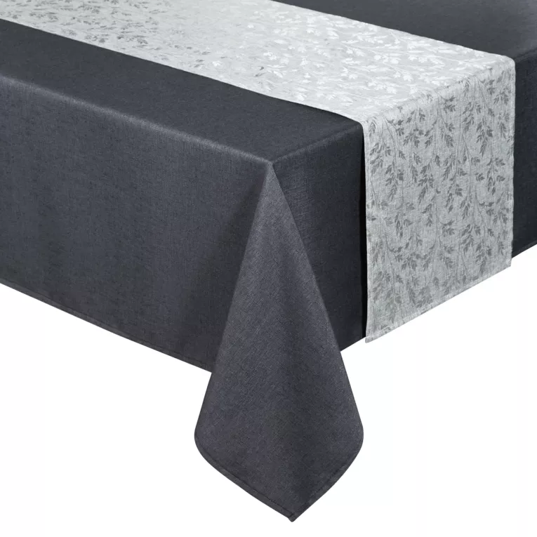 Komplet obrus z bieżnikiem stalowo, srebrny 140x260/33x260 cm ANITA 6 zdobiony subtelnym wzorem liści
