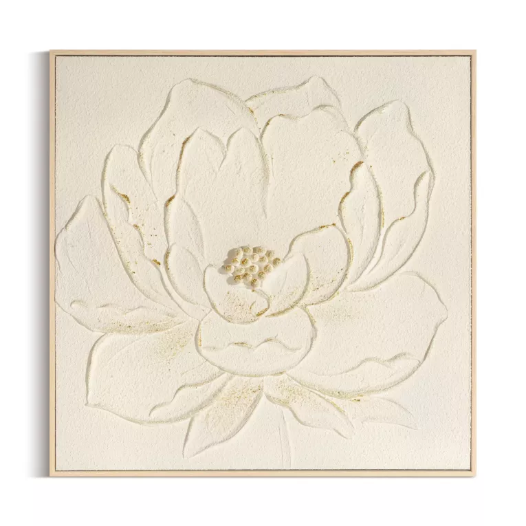 Obraz kremowo, zloty ręcznie malowany na płótnie z motywem kwiatów oprawiony w ramę 62x62 cm Eurofirany