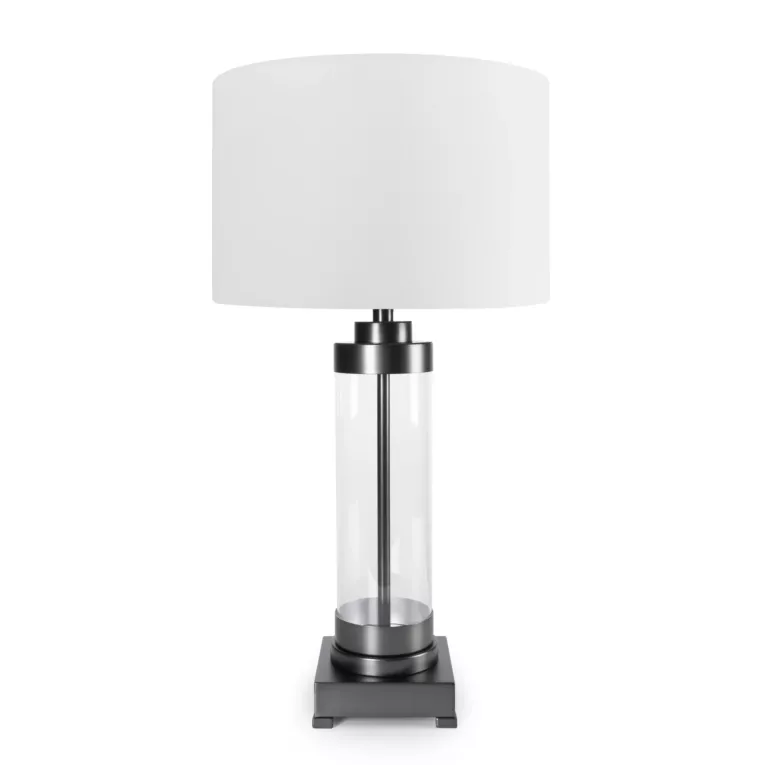 Lampa stołowa do pokoju biało, czarna CLARA o prostej szklanej podstawie Eurofirany