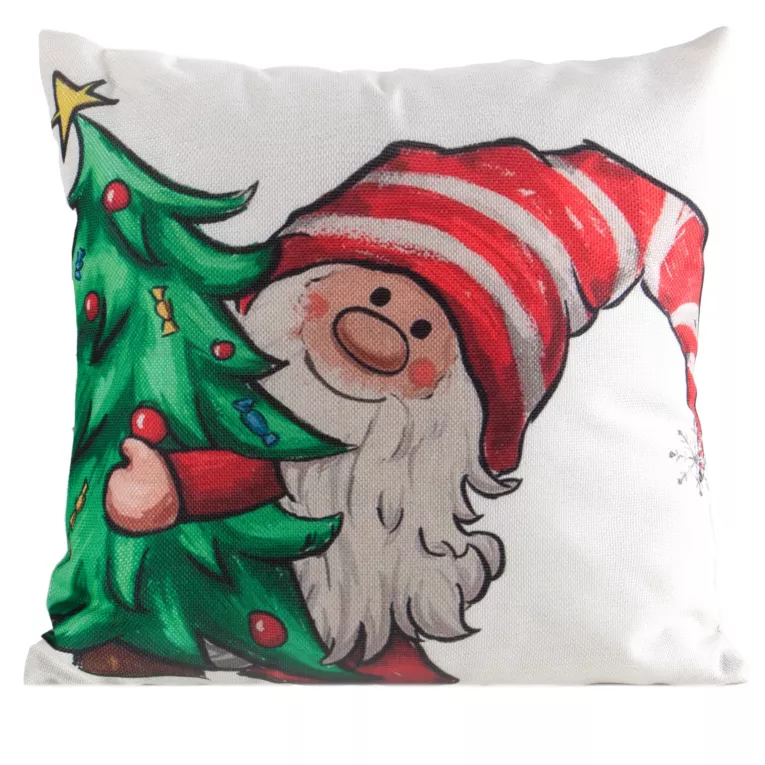 Poszewka na poduszkę świąteczna 45x45 cm czerwono, zielona z nadrukiem uroczego skrzata