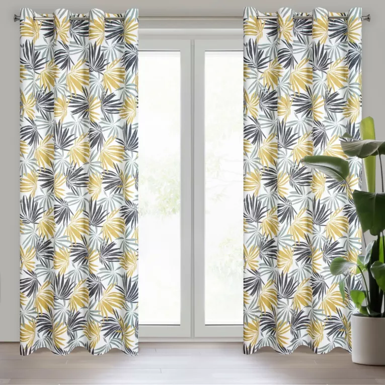 Zasłona biało, musztardowa we wzór liści 140x250 przelotka ELINA Design 91