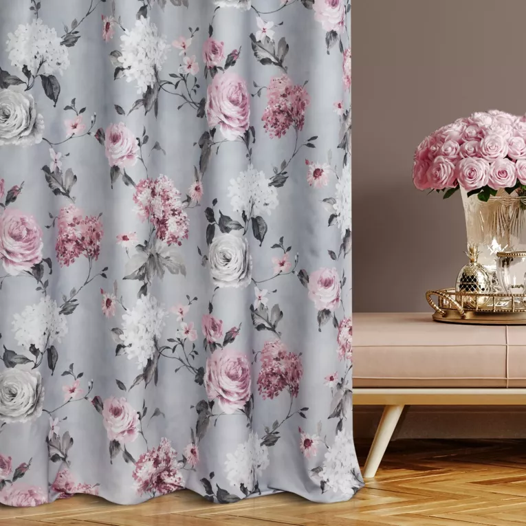 Zasłona szyta na taśmie 5 cm szara tkanina z bawełną drukowana w kwiatowy wzór