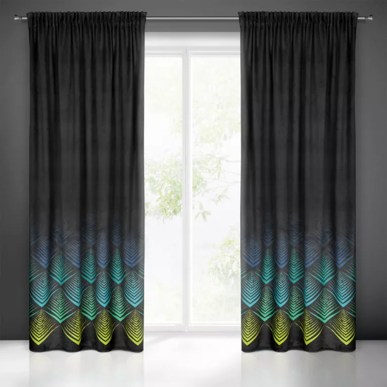 Zasłona czarno, turkusowa z wzorem geometrycznym z tkaniny welwetowej 140x270 cm taśma ANGELINA Eurofirany