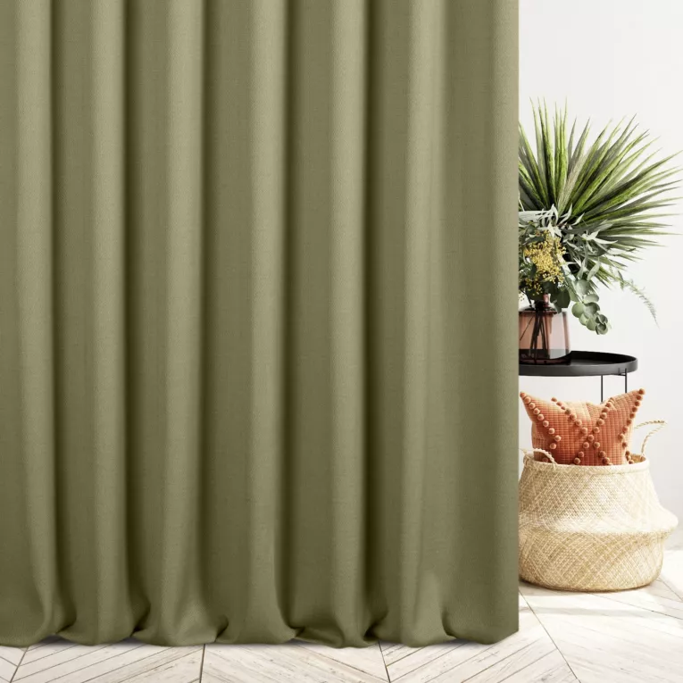 Zasłona szyta na taśmie fala ciemnooliwkowa z tkaniny o naturalnym splocie z efektem melanżu