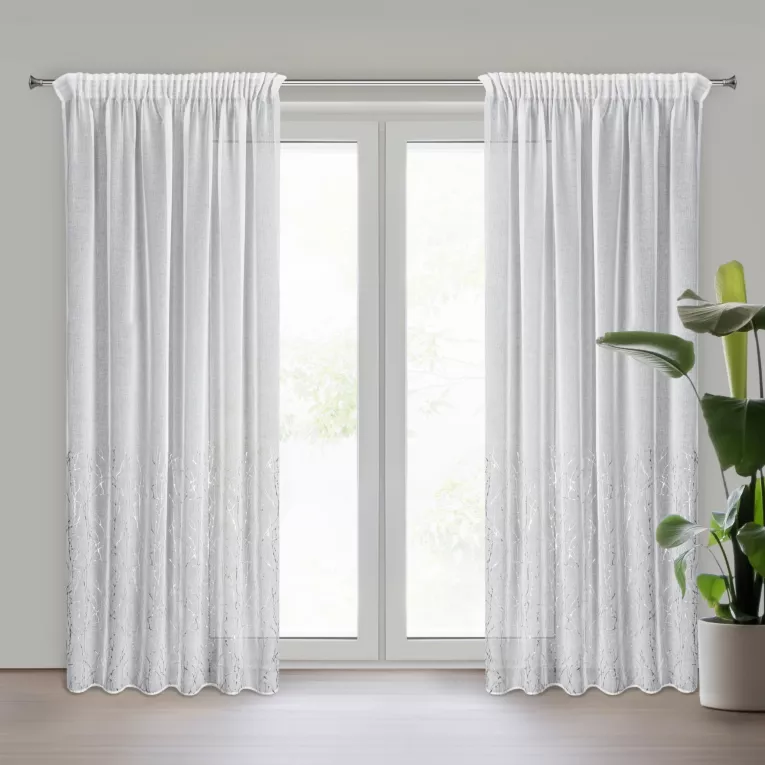 Firana biało, srebrna zdobiona nadrukiem marmurka 140x270 cm taśma MELIA Eurofirany