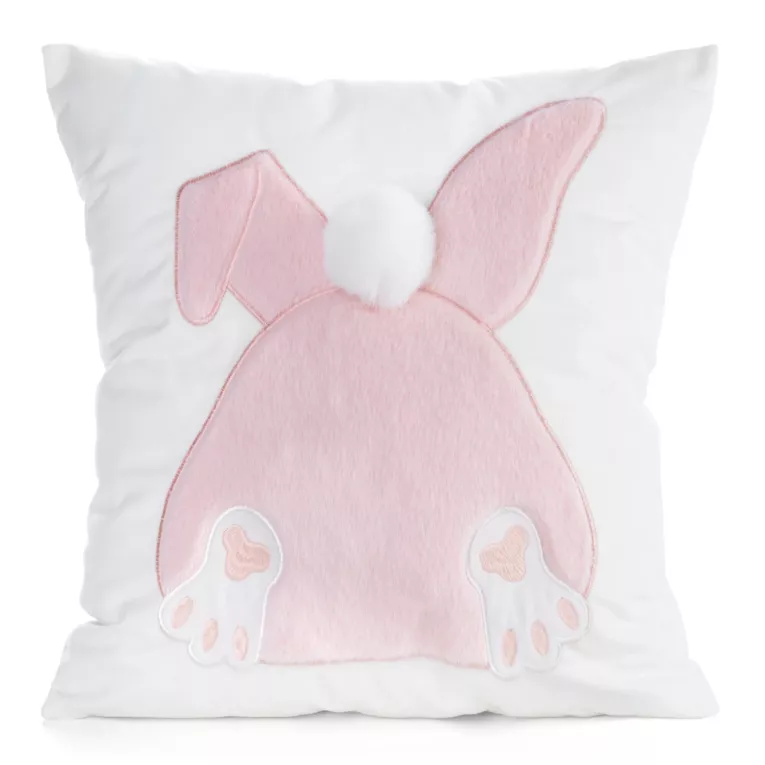 Wielkanocna poszewka na poduszkę 45x45 cm welwetowa z uroczym zajączkiem biała, jasnoróżowa WIOSNA 129 Eurofirany