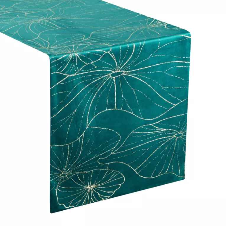 Bieżnik na stół ciemnoturkusowo, złocisty 35x220 cm welwetowy BLINK 15 z liśćmi lilii wodnej