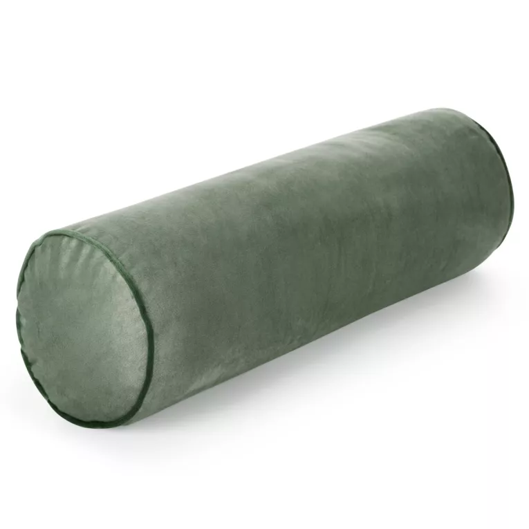 Poduszka dekoracyjna wałek 45 x 15 cm welwetowa oliwkowa zdobiony kontrastującą lamówką GAJA Eurofirany