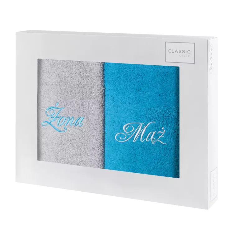 Zestaw ręczników bawełnianych  2 szt z haftem Żona i Mąż kolor popielaty,turkusowy 400 g/m2 Eurofirany