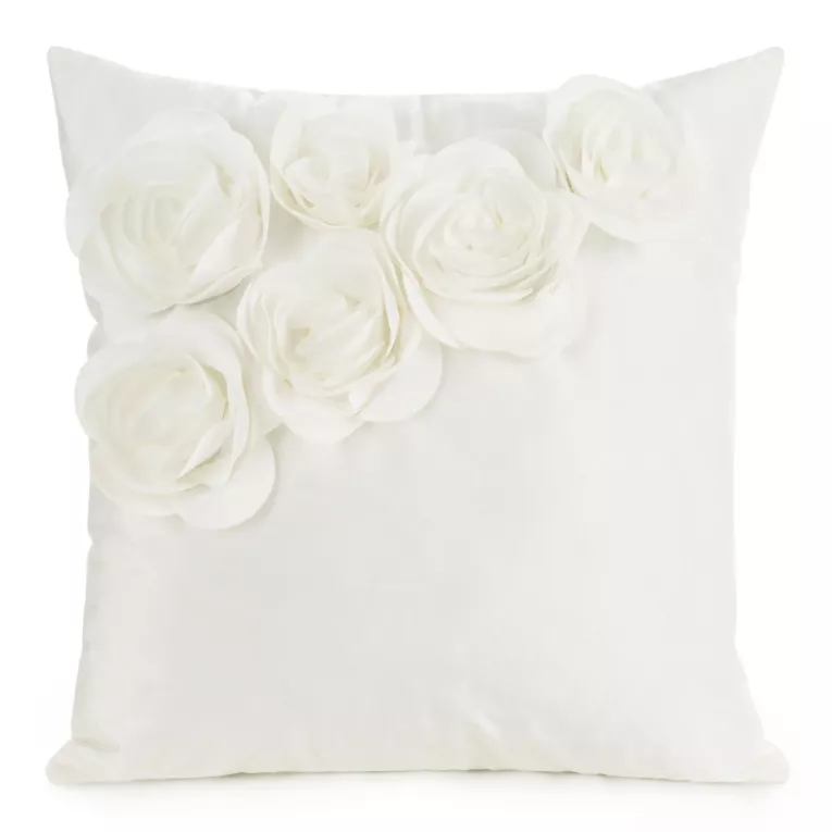 Poszewka na poduszkę 45 x 45 cm welwetowa kolor kremowy zdobiona aplikacja w róże Eurofirany