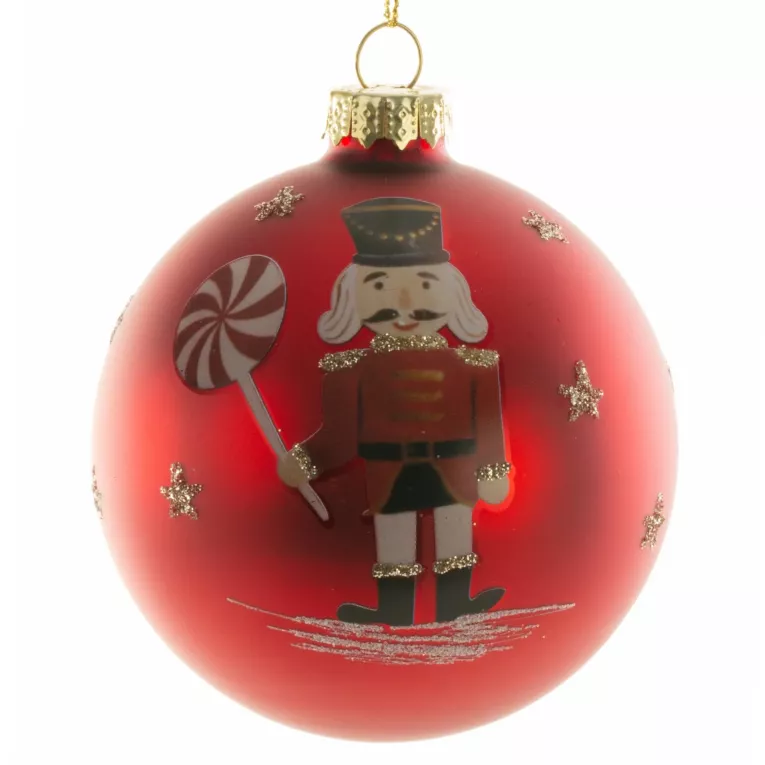 Czerwona szklana bombka choinkowa ozdobiona uroczym dziadkiem do orzechów 8 cm Eurofirany