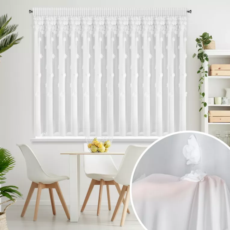 Firana biała z szyfonu zdobiona różami 3D 350x160 cm taśma - DIANA Eurofirany