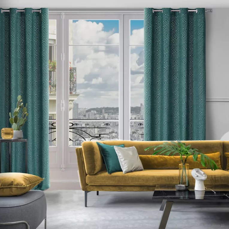 Zasłona turkusowa we wzór geometryczny z tkaniny welwetowej 140x250 przelotka INGA Pierre Cardin Eurofirany
