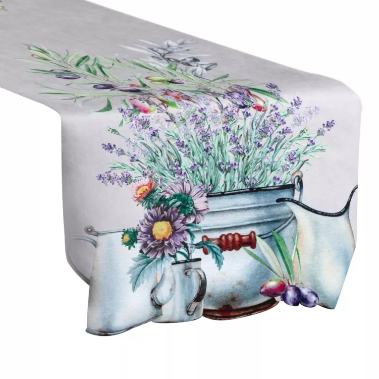Bieżnik na stół jasnoszrao, fioletowy 40x140 cm SUMMER 1 z nadrukowanym motywem bukietu lawend