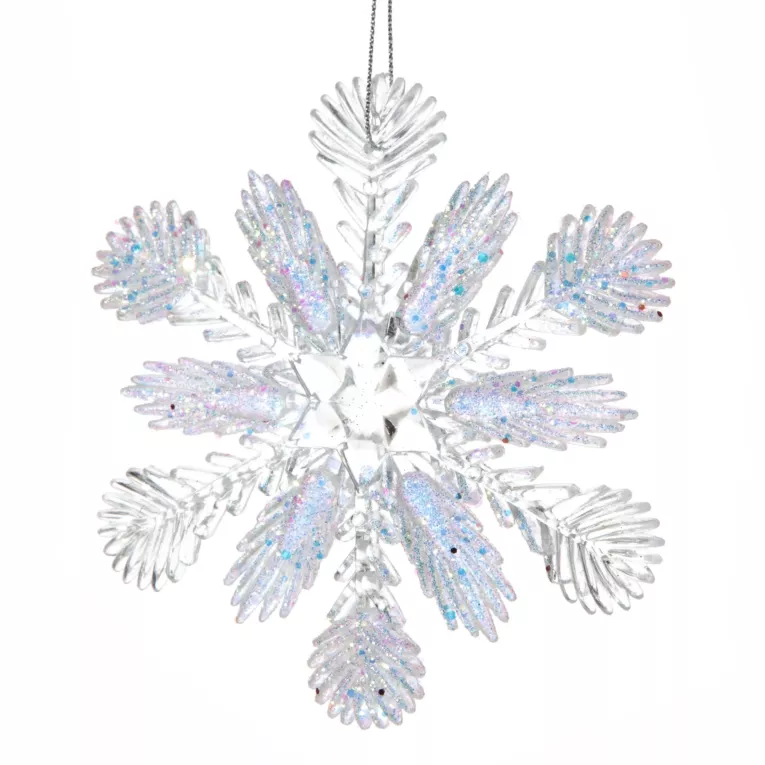 Zawieszka akrylowa na choinkę transparentna w kształcie śnieżynki zdobiona brokatem 11 cm Eurofirany