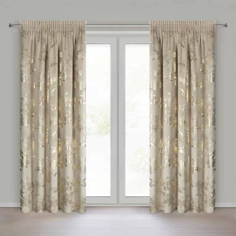 Zasłona beżowo, szampańska zdobiona nadrukiem błyszczących kwiatów 140x270 cm taśma - CELIA Eurofirany