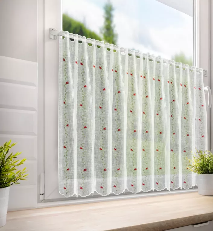 Tkanina firanowa zazdrostka zdobiona haftem drobnych kwiatuszków Eurofirany