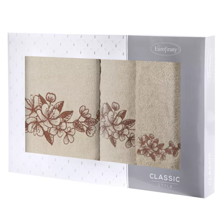 Zestaw ręczników bawełnianych 3 szt kolor beżowy,brązowy z haftowanym motywem kwiatu wiśni 400 g/m2 SOFIA Eurofirany