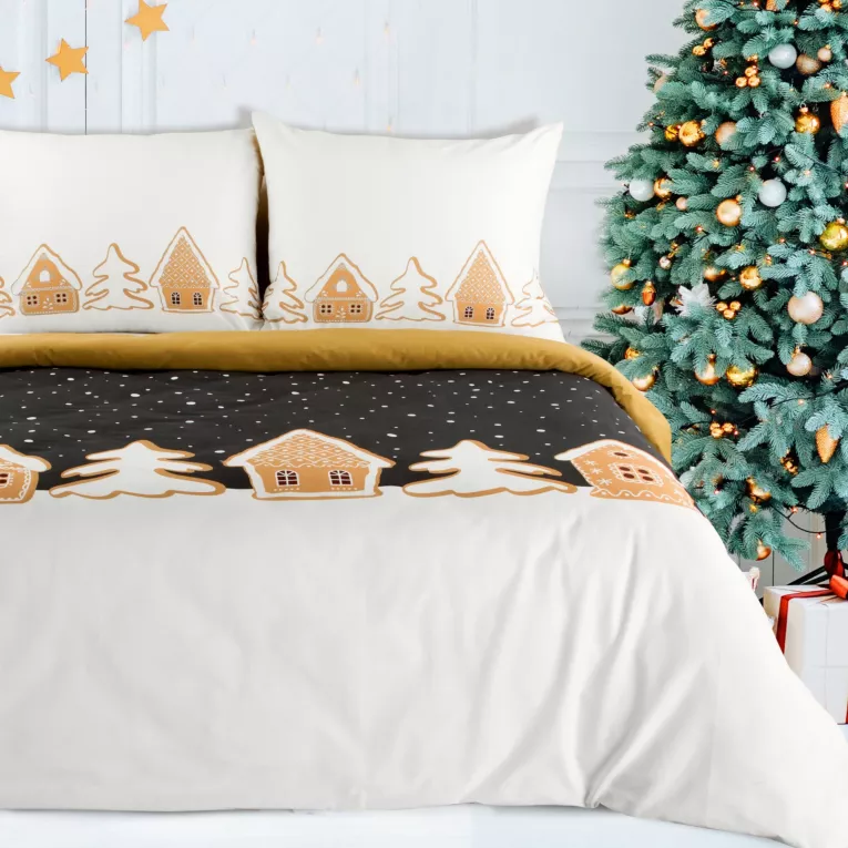 Pościel świąteczna 160x200 cm bawełniana kolor czarny, musztardowy z motywem piernikowych domków GOLDI Eurofirany