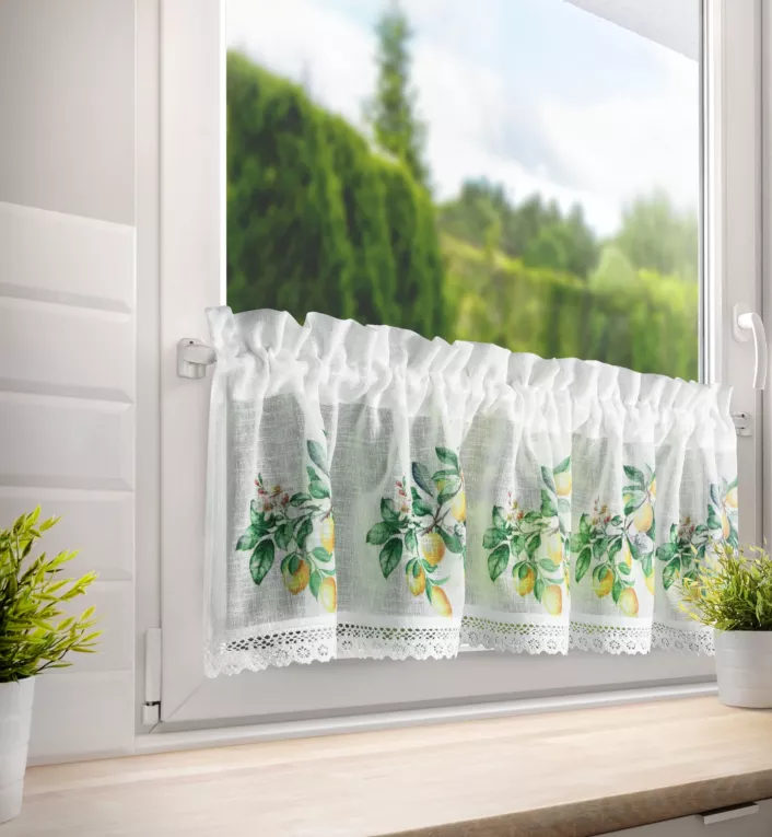 Zazdrostka biało, zielona z etaminy zdobiona nadrukiem cytryn 30x150cm tunel CLOE Eurofirany