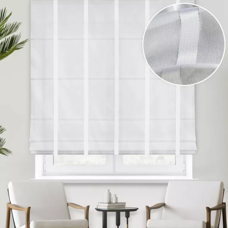 Roleta rzymska HERRA biało srebrna z lekko błyszczącej tkaniny w wąskie paski