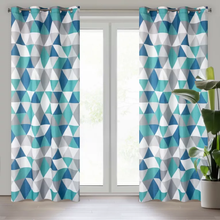 Zasłona biało, turkusowa z geometrycznym wzorem 140x250 cm przelotka ADINA Eurofirany