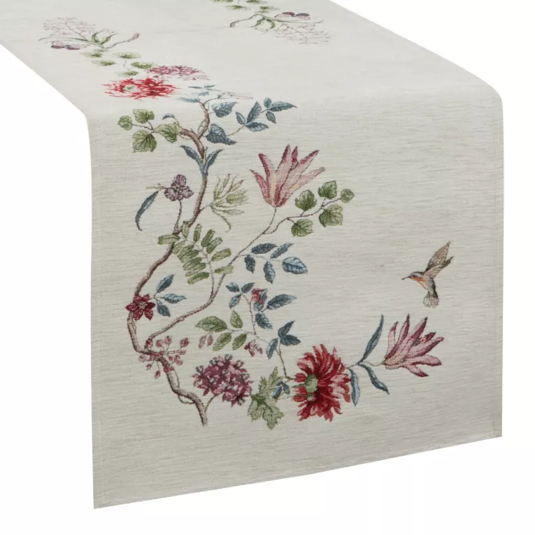 Bieżnik na stół naturalno, czerwony 45x100 cm gobelinowy z motywem kwiatowym