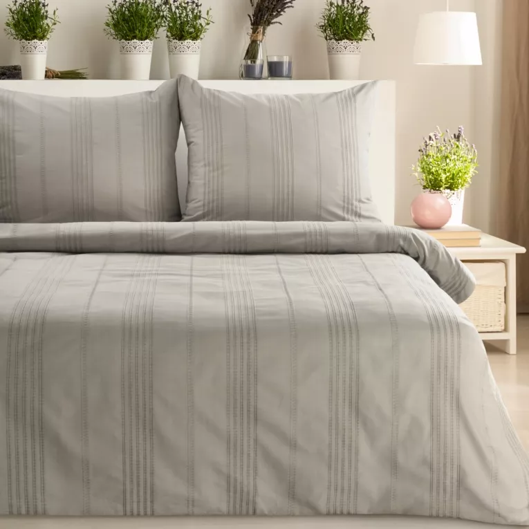 Pościel 160x200 cm bawełniana kolor ciemnobeżowy z haftem z drobnych paseczków Reina Line Eurofirany