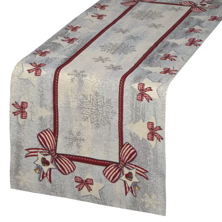 Bieżnik na stół popielato, srebrny 45x140 cm gobelinowy z mieszanki włókien zdobiony wzorem świątecznym