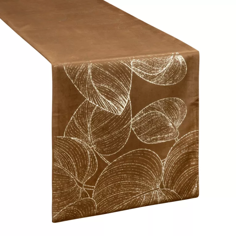 Bieżnik na stół brązowo, złocisty 35x180 cm welwetowy BLINK 16 z dużym wzorem liści
