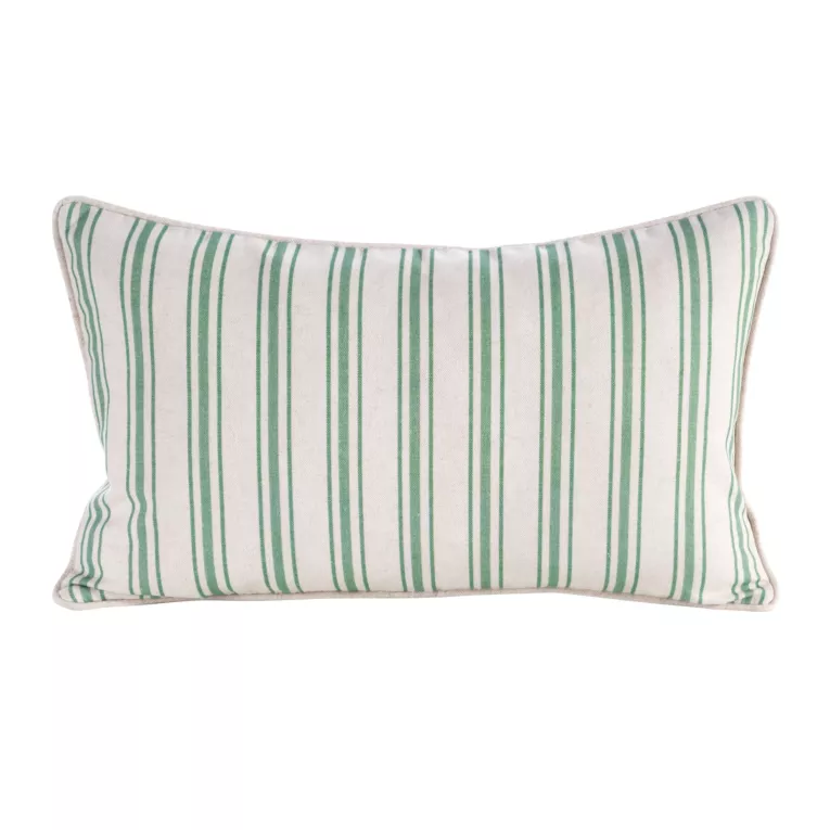 Poszewka na poduszkę 30x50 cm bawełniana z dodatkiem lnu zdobiona subtelnym nadrukiem pasów kremowo, zielona LEN Eurofirany