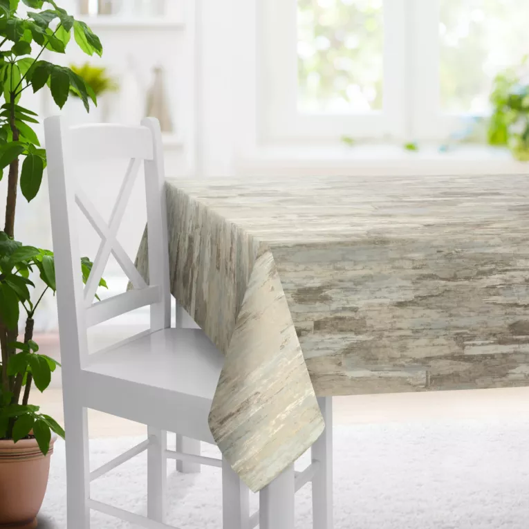 Obrus szyty kremowo srebrzysty z welwetowej tkaniny z błyszczącym nadrukiem