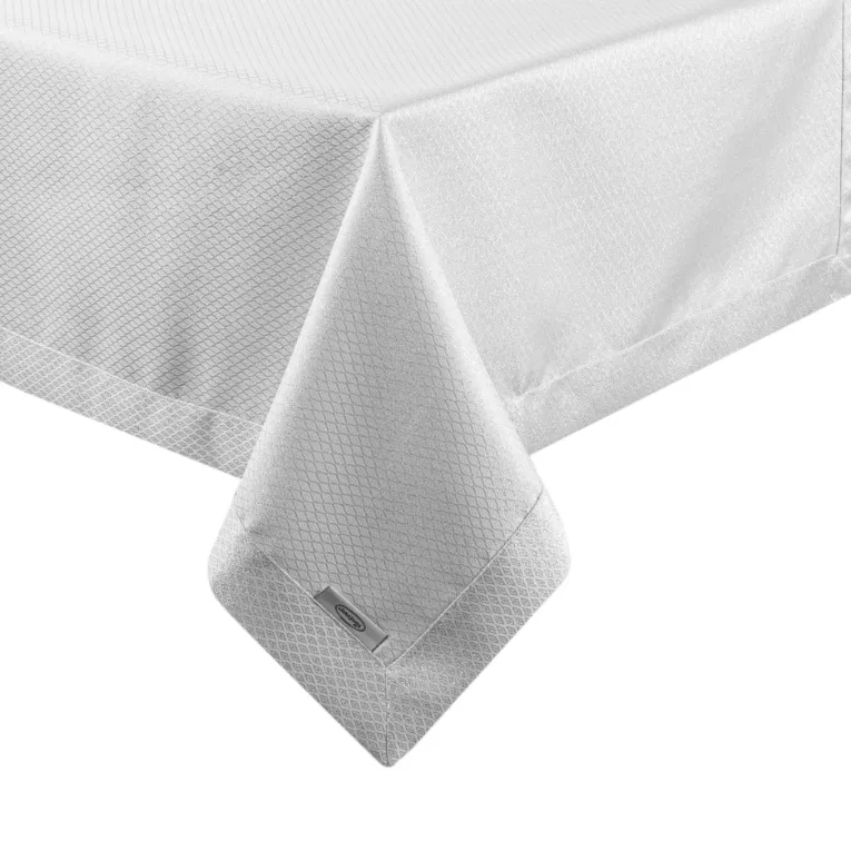Obrus biały 145x400 cm JOWITA zdobiony srebrną błyszczącą nicią w wzór geometryczny z elegancką listwą