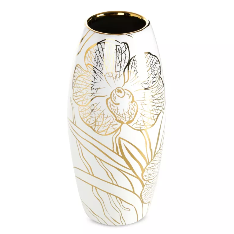 Wazon dekoracyjny biało, złoty zdobiony motywem roślinnym 14x30 cm GLEN Eurofirany