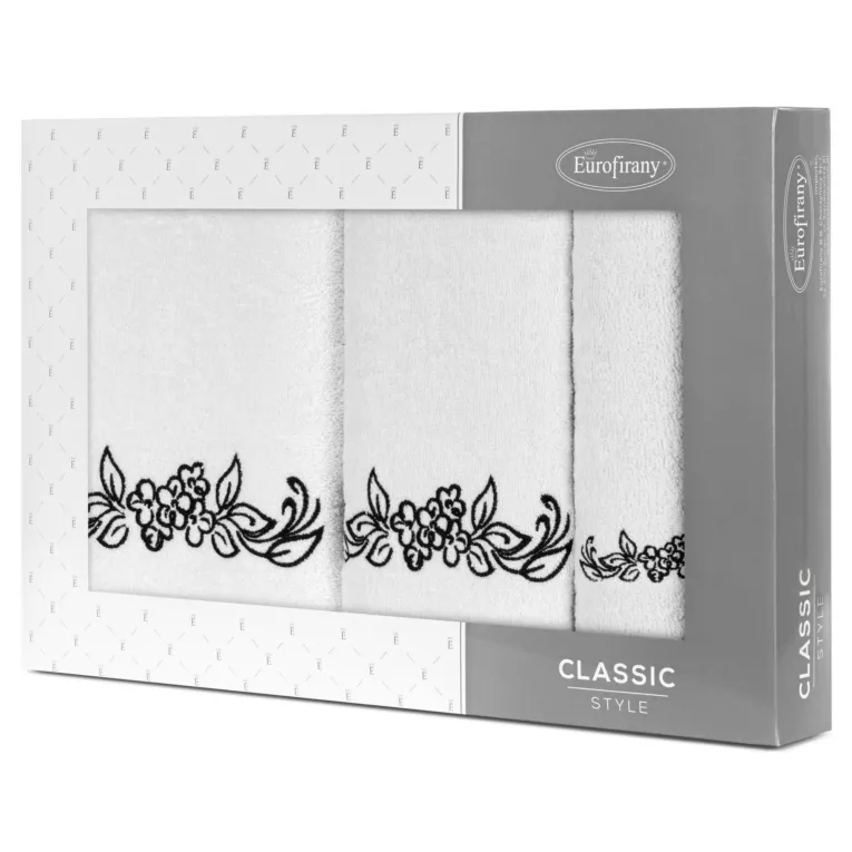 Zestaw ręczników bawełnianych na prezent 3 szt kolor biały,czarny z haftowanym motywem kwiatów 380g/m2 CLAVIA  Eurofiarny