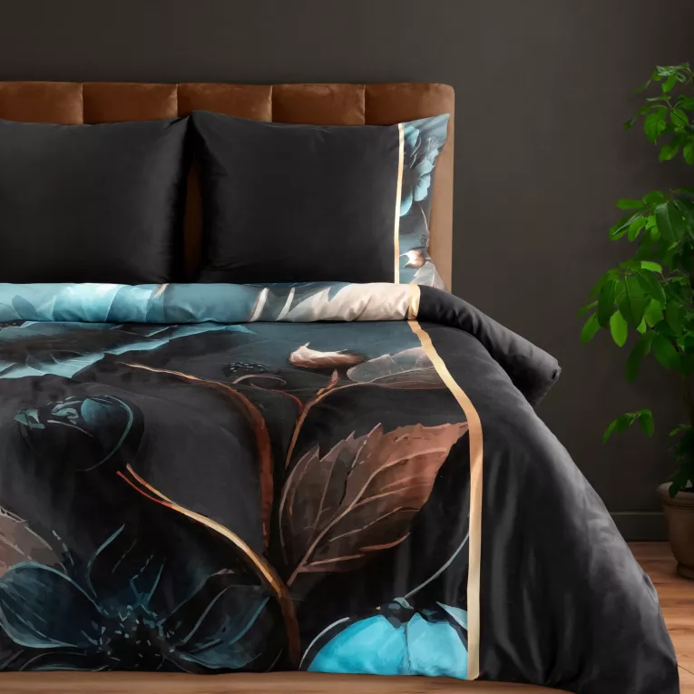 Pościel 160x200 cm z makosatyny bawełnianej kolor czarny, turkusowy z roślinnym wzorem Eva Minge Eurofirany
