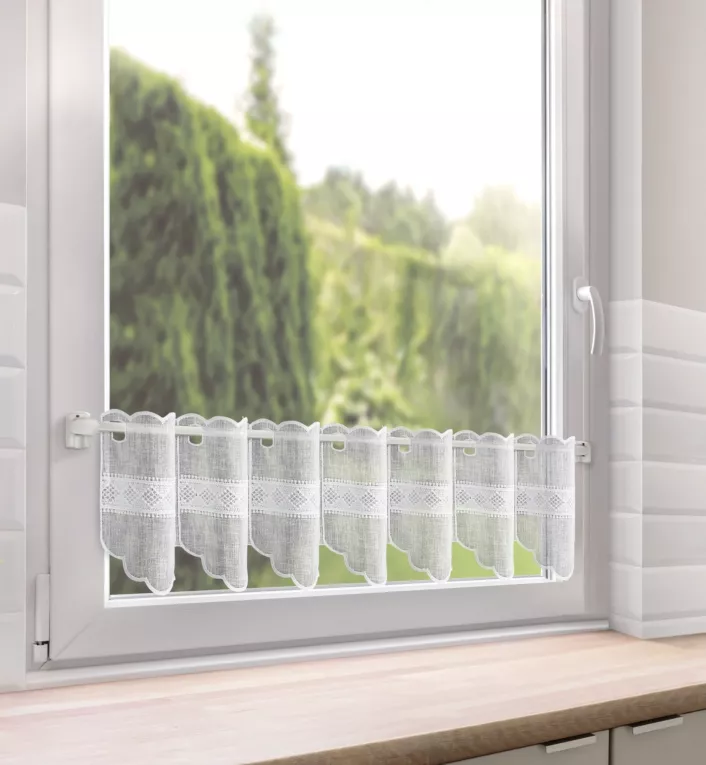 Tkanina firanowa zazdrostka zdobiona haftem geometrycznym Eurofirany