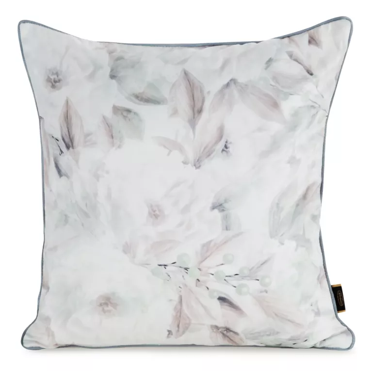 Poszewka na poduszkę 45x45 cm welwetowa z nadrukiem pastelowych kwiatów i ozdobną kontrastującą wypustką biało, bezowa VELVET 148 EUROFIRANY PREMIUM