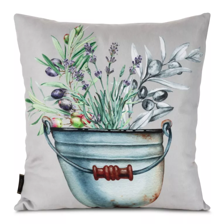 Poszewka na poduszkę 45x45 cm welwetowa z nadrukowanym motywem bukietu lawend jasnoszara, fioletowa SUMMER 1 Eurofirany