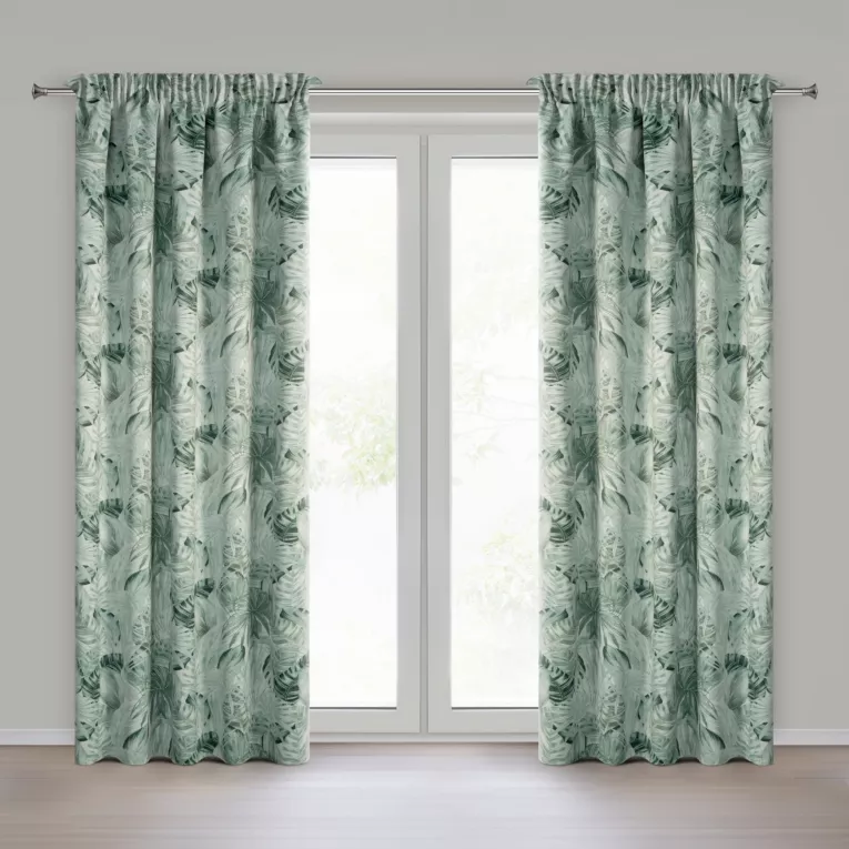 Zasłona miętowo, zielona z tkaniny typu dimout zaciemniająca zdobiona nadrukiem egzotycznych liści 140x270 cm taśma - NINA Eurofirany