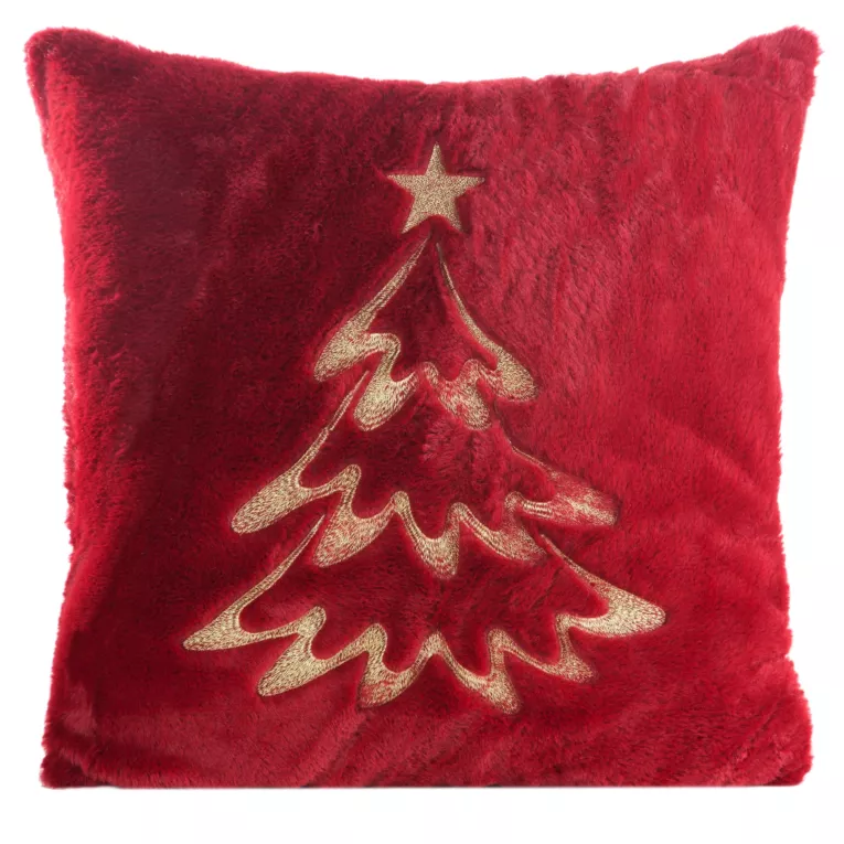 Poszewka na poduszkę świąteczna 45x45 cm bordowo, szampańska z przyjemnego futerka zdobiona haftem choinki  Eurofirany