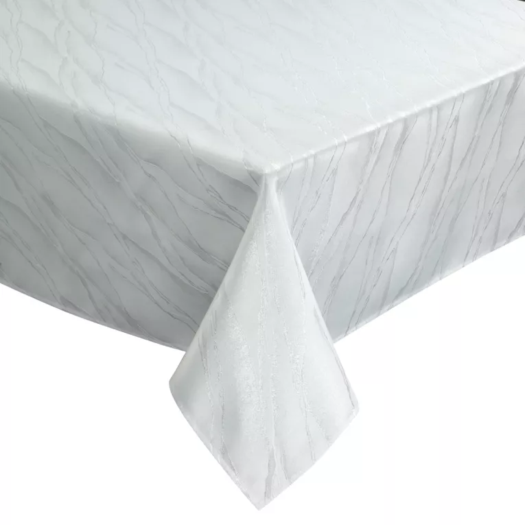 Obrus biały 140x180 cm ERIKA przetykany srebrną metaliczną nicią tworzącą wzór marmuru