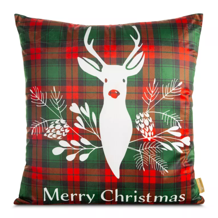 Poszewka na poduszkę 60x60 cm welwetowa z nadrukiem z reniferem czerwono, zielona CHERRY Eurofirany