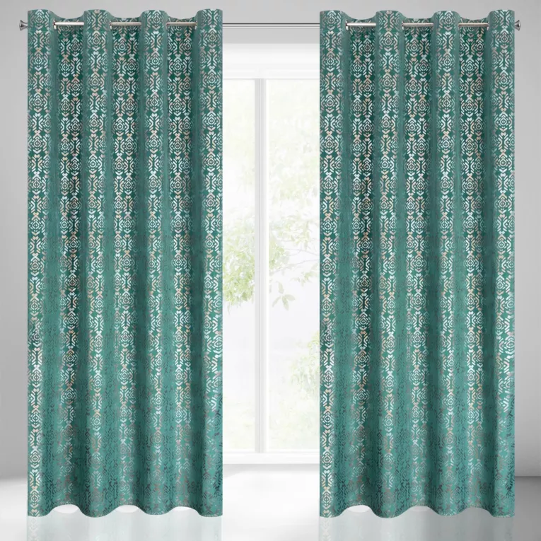 Zasłona turkusowo, złota ze złotym wzorem z welwetu 140x250 cm przelotka LAURA Eurofirany