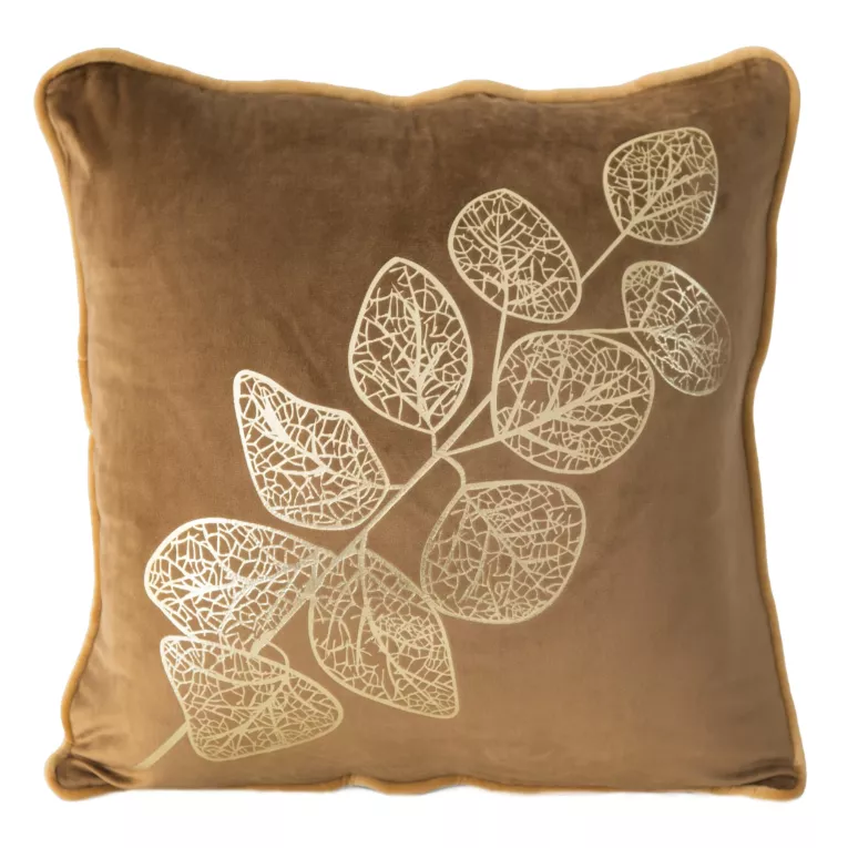 Poszewka dekoracyjna miodowa POPLA z welwetu ze złotymi listkami 45x45 cm Eurofirany