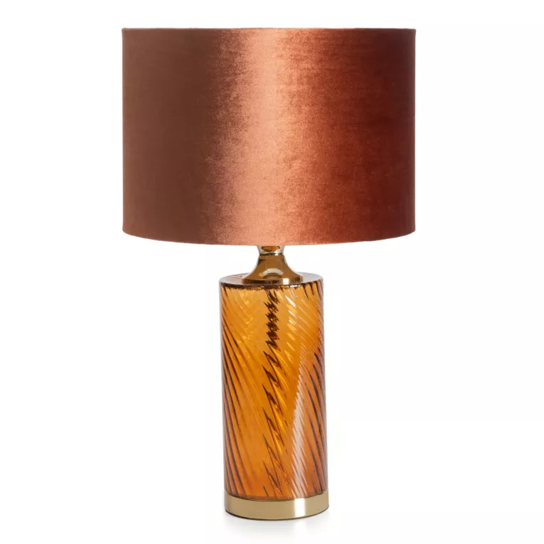 Lampa stołowa nocna miedzian, jasnobrązowa BRENDA na podstawie z przezroczystego szkła z abażurem z welwetowej tkaniny Eurofirany