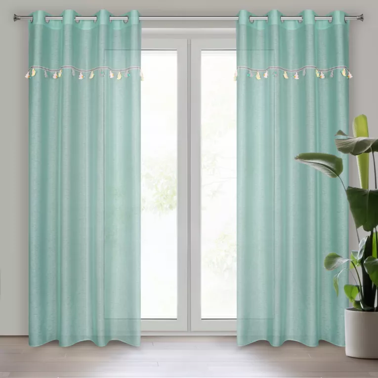 Firana miętowa z etaminy zdobiona taśmą dekoracyjną z wiszącymi trójwymiarowymi słonikami 140x250 cm przelotka KIDS Eurofirany