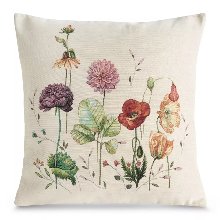 Poszewka na poduszkę 45x45 cm bawełniana, gobelinowa z motywem letnich kwiatów kremowo, zielona GOB Eurofirany